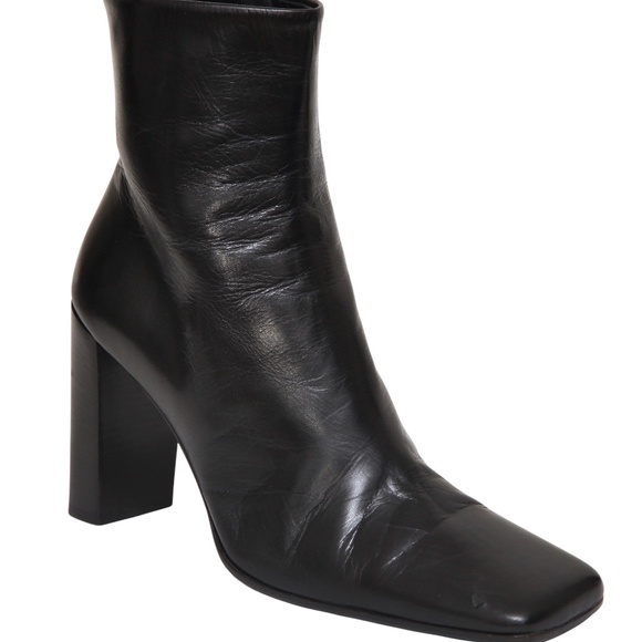 BALLIN Black Boots Leather Boot Zipper Square Toe Heels Sz 39 - Picture 3 of 14